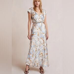Bec Bridge Stella Maxi Dress Satin V Neck Open Back Beige Blue Floral Print 6 US